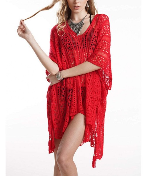 Cover-Ups Women's Summer Crochet Lace Dress Bathing Beach Swimsuit Bikini Cover Up - Red - CX18QK49U3Q