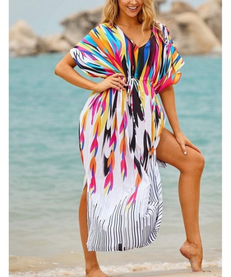 Cover-Ups Women Loose Kaftan Swimsuit Cover Up Beach Long Casual Caftan Dress - Colorful Print3 - CD18L954824