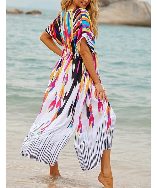 Cover-Ups Women Loose Kaftan Swimsuit Cover Up Beach Long Casual Caftan Dress - Colorful Print3 - CD18L954824