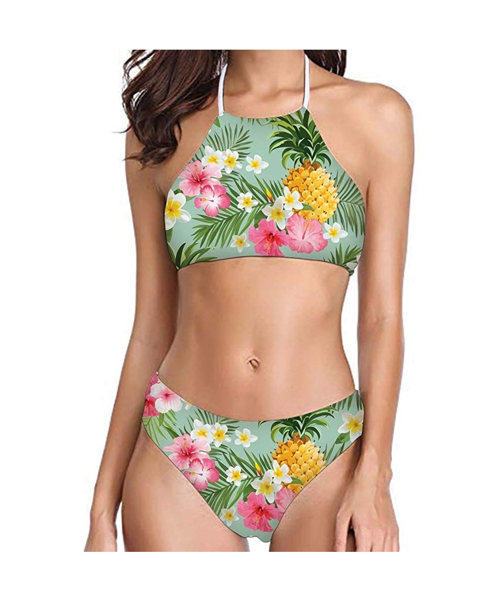 One-Pieces Womens Forest Palm Leaves Sunflower Printing High Neck Halter Bikini Set Swimsuit XS-2XL - Pattern-30 - CC194RZ53K4