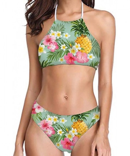 One-Pieces Womens Forest Palm Leaves Sunflower Printing High Neck Halter Bikini Set Swimsuit XS-2XL - Pattern-30 - CC194RZ53K4