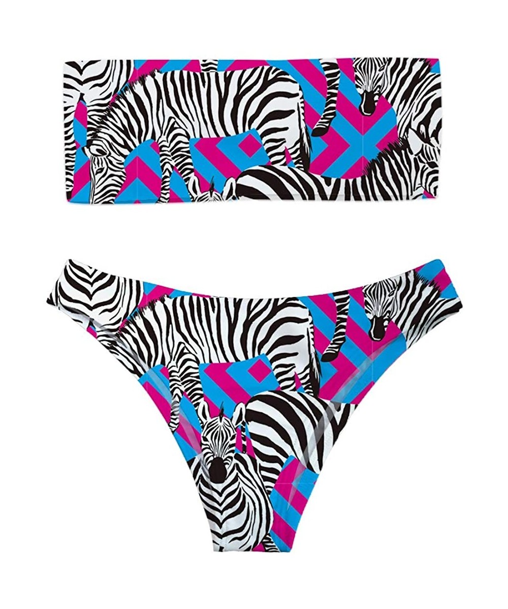 Sets Women Fashion Printed Bandeau Bikini Set Strapless High Cut Swimsuit - Zebra With Key Pattern - CS18OL0TZKI