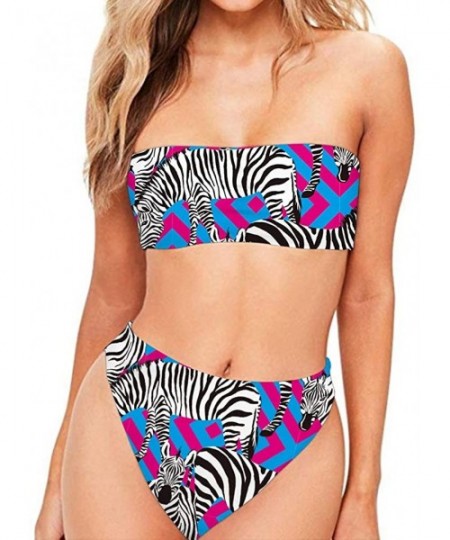 Sets Women Fashion Printed Bandeau Bikini Set Strapless High Cut Swimsuit - Zebra With Key Pattern - CS18OL0TZKI