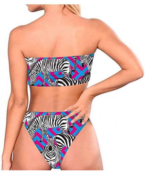 Sets Women Fashion Printed Bandeau Bikini Set Strapless High Cut Swimsuit - Zebra With Key Pattern - CS18OL0TZKI