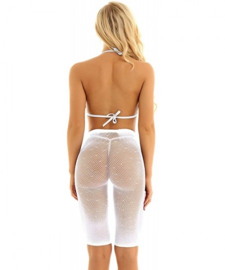 Sets Women Two Piece Lingerie Fishnet Bikini Cover up Swimwear Sheer See Through Halter Bra Pants Set - White - C718TTTGQQT