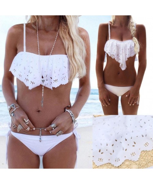 Sets 2018 New Women's Lady Swimwear Set- Swimsuit Push Up Hole Bikini Bathing Suits Tankini Ruffle Top 2 Piece - White - CR18...