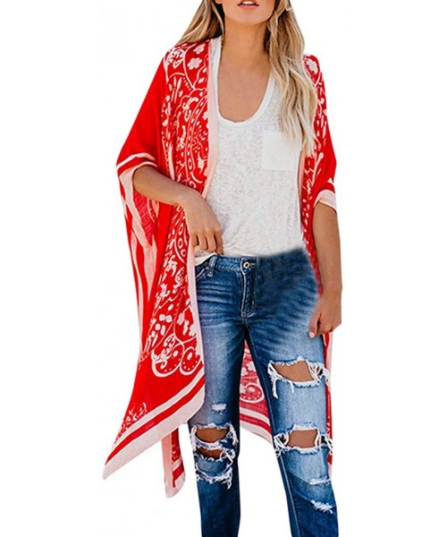 Cover-Ups Cardigans for Women Lightweight-Sheer Long Flowy Kimono Cardigan 3/4 Sleeve Long Blouse Loose Tops Outwear - Red - ...