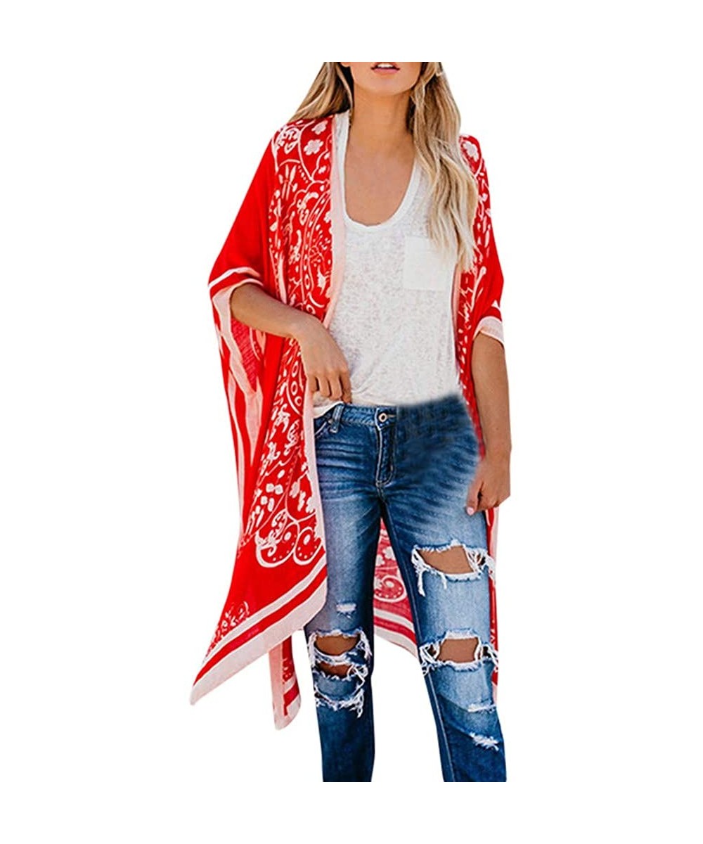 Cover-Ups Cardigans for Women Lightweight-Sheer Long Flowy Kimono Cardigan 3/4 Sleeve Long Blouse Loose Tops Outwear - Red - ...