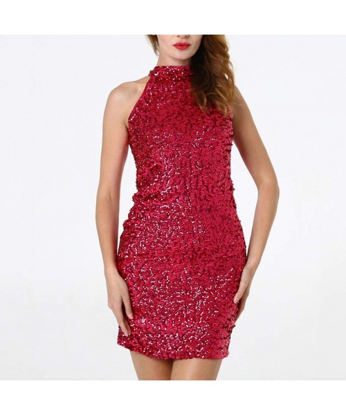 Cover-Ups Women's Sexy Sequin Tanks Glitter Sparkle Vest Halter Sleeveless Tops Slim Clubwear Bling Party Camis - A-red - CM1...