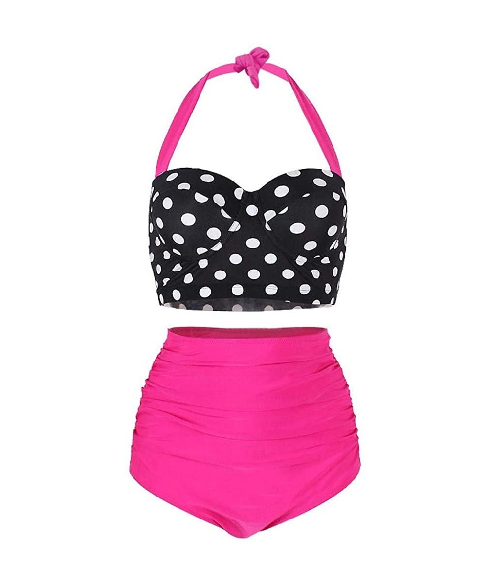 Bottoms Women Vintage Polka Dot High Waisted Bathing Suits Bikini Set - Pink - C9194N6QES0