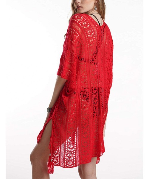 Cover-Ups Women's Summer Crochet Lace Dress Bathing Beach Swimsuit Bikini Cover Up - Red - CX18QK49U3Q