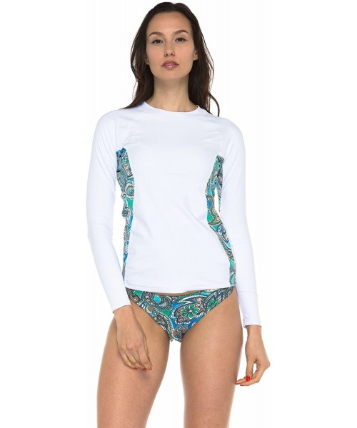 Rash Guards Women Beachwalk Plus Size UPF 50+ Swim Long Sleeve Top Rash Guard - White With Blue Gold Spot - CE11LDYJ4MJ