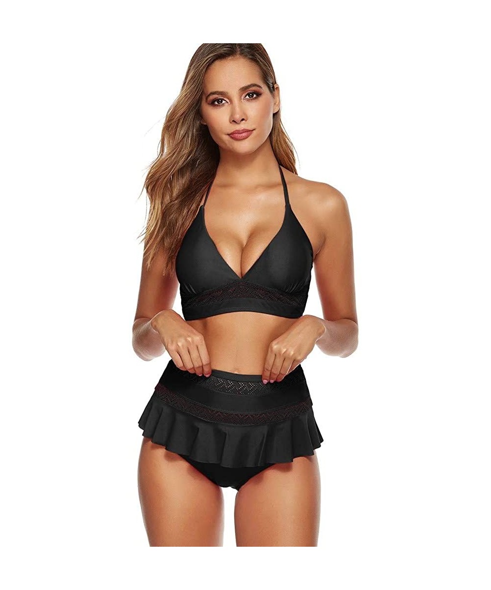 Bottoms Women Halter V Full Cup Top w Hollow Out High Waisted Ruffled Flounce Skirt Bottom Bikini Set Two Piece Swimsuit Blac...