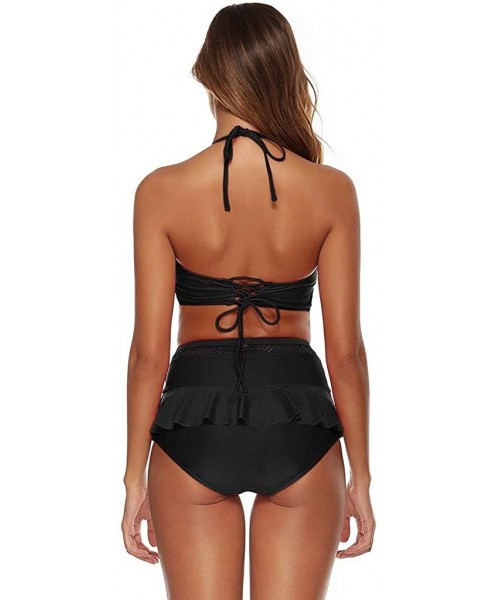 Bottoms Women Halter V Full Cup Top w Hollow Out High Waisted Ruffled Flounce Skirt Bottom Bikini Set Two Piece Swimsuit Blac...