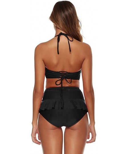 Bottoms Women Halter V Full Cup Top w Hollow Out High Waisted Ruffled Flounce Skirt Bottom Bikini Set Two Piece Swimsuit Blac...