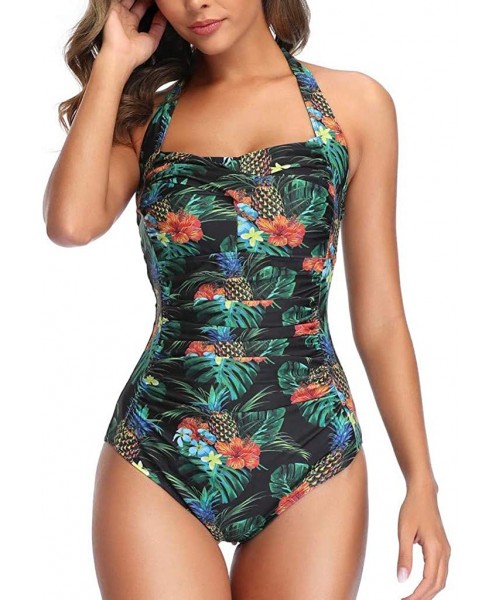 One-Pieces Solid Color Micro Bikini for Women Halter Backless Shirred Bathing Suit Padded Monokini - Dark Green - CJ1979S2W3X