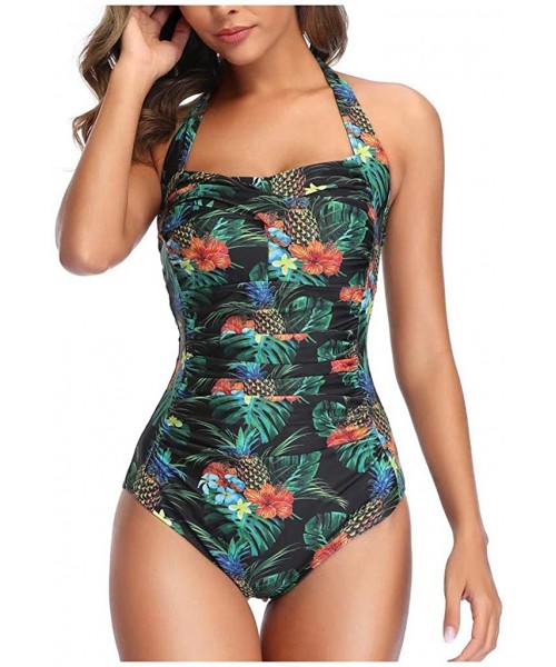 One-Pieces Solid Color Micro Bikini for Women Halter Backless Shirred Bathing Suit Padded Monokini - Dark Green - CJ1979S2W3X