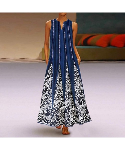 Cover-Ups Women's Summer Casual Tank Long Maxi Dress Vintage Sleeveless Floral Print Loose Party Long Dresses Plus Size Z5 bl...