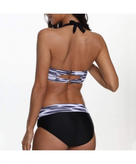 Sets Women Two Pieces Bikini Sets Sports Style Swimsuit Painted Halter Padded Push-up Bathing Suits - Gray - C018OYG528O