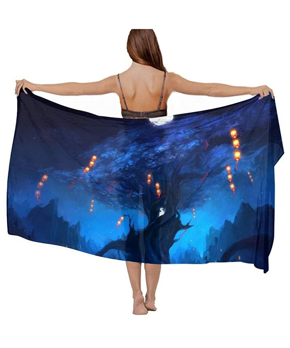 Cover-Ups Women Luxury Chiffon Swimwear Cover Up- Oversize Beach Sarong Shawl Wrap - Full Moon Japanese Halloween Dark Blue -...