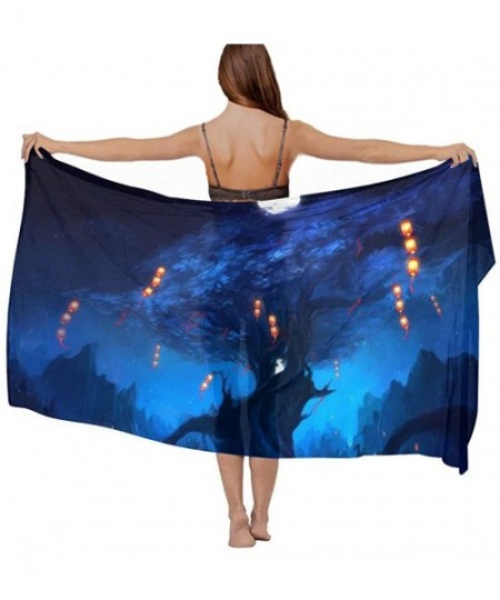 Cover-Ups Women Luxury Chiffon Swimwear Cover Up- Oversize Beach Sarong Shawl Wrap - Full Moon Japanese Halloween Dark Blue -...