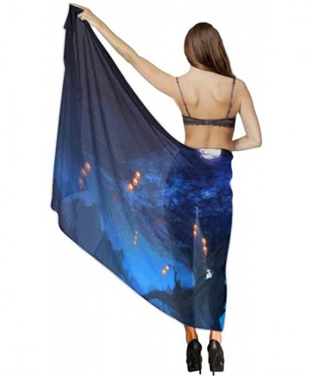 Cover-Ups Women Luxury Chiffon Swimwear Cover Up- Oversize Beach Sarong Shawl Wrap - Full Moon Japanese Halloween Dark Blue -...