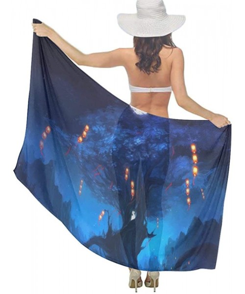 Cover-Ups Women Luxury Chiffon Swimwear Cover Up- Oversize Beach Sarong Shawl Wrap - Full Moon Japanese Halloween Dark Blue -...