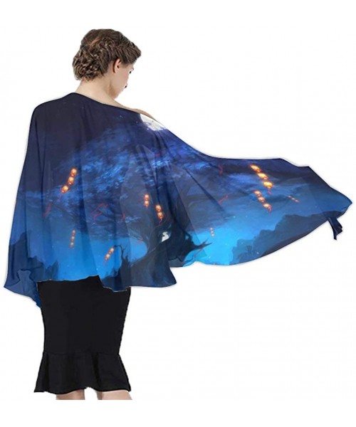 Cover-Ups Women Luxury Chiffon Swimwear Cover Up- Oversize Beach Sarong Shawl Wrap - Full Moon Japanese Halloween Dark Blue -...