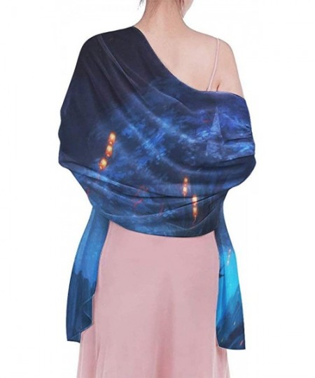 Cover-Ups Women Luxury Chiffon Swimwear Cover Up- Oversize Beach Sarong Shawl Wrap - Full Moon Japanese Halloween Dark Blue -...