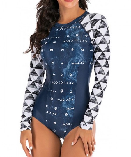 Rash Guards Womens Long Sleeve Zip One Piece Surfing Swimsuit UV Sun Swimwear Bathing Suit - 7787 Navy - CP197D2RHGM