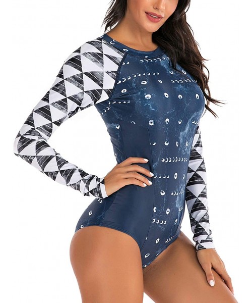 Rash Guards Womens Long Sleeve Zip One Piece Surfing Swimsuit UV Sun Swimwear Bathing Suit - 7787 Navy - CP197D2RHGM