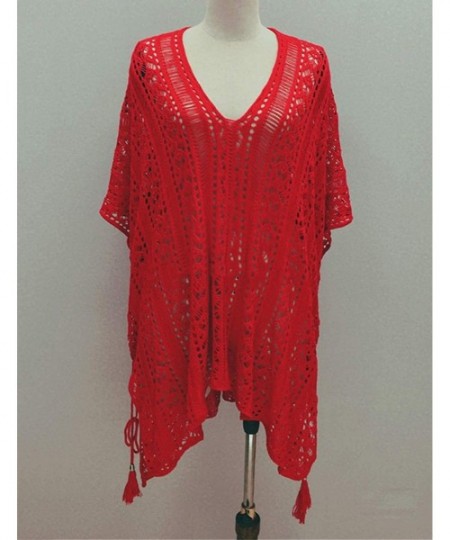 Cover-Ups Women's Summer Crochet Lace Dress Bathing Beach Swimsuit Bikini Cover Up - Red - CX18QK49U3Q