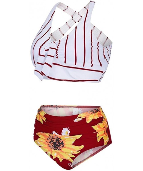 Bottoms Women's Striped Sunflower Print Push-Up Padded Plus Size Overlay Bikini Swimsuit Beachwear - E Red - CN190L2ZCY5