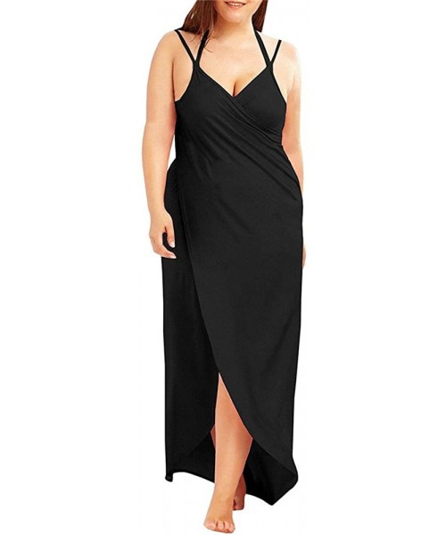 Cover-Ups Womens Plus Size Cover Up Spaghetti Strap Backless Bikini Wrap Gradient Color Beach Dress - Black - C21807OT7RO