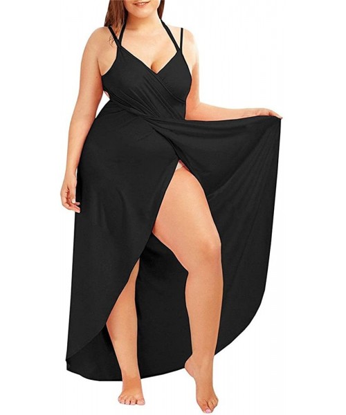 Cover-Ups Womens Plus Size Cover Up Spaghetti Strap Backless Bikini Wrap Gradient Color Beach Dress - Black - C21807OT7RO