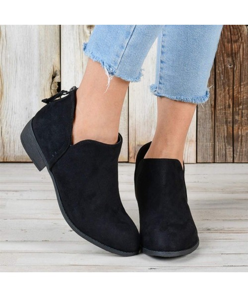 One-Pieces Ankle Boots for Women V Cut-Ankle Booties Point Toe Faux Stacked Chunky Heel Zipper Slip On Short Booties - Black ...