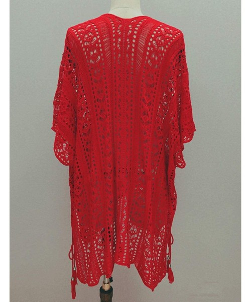 Cover-Ups Women's Summer Crochet Lace Dress Bathing Beach Swimsuit Bikini Cover Up - Red - CX18QK49U3Q