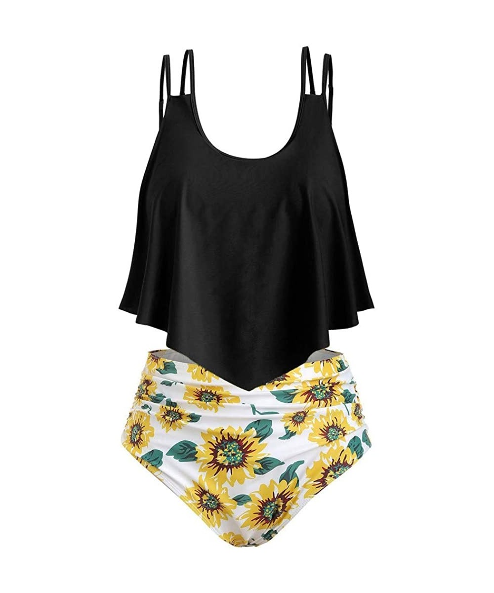 Sets Swimsuits for Women Sunflower Print Two Pieces Bathing Suits Ruffled Racerback Top with High Waisted Bottom A black - C9...