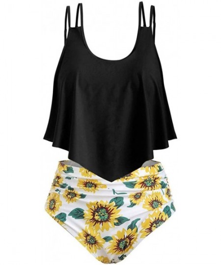 Sets Swimsuits for Women Sunflower Print Two Pieces Bathing Suits Ruffled Racerback Top with High Waisted Bottom A black - C9...