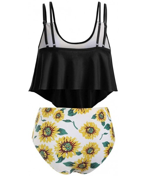 Sets Swimsuits for Women Sunflower Print Two Pieces Bathing Suits Ruffled Racerback Top with High Waisted Bottom A black - C9...