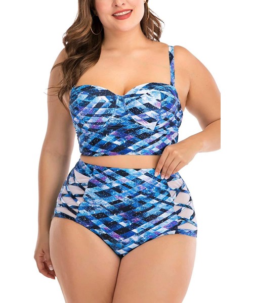 One-Pieces Women's Plus Size Chic Two Pieces/One Piece Swimsuit Cute Modest Bathing Suit - Blue Metallic - C719468QLE0