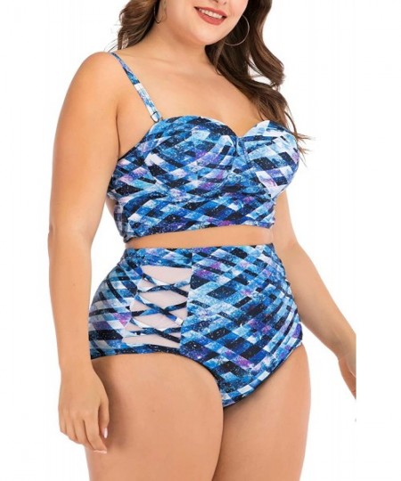 One-Pieces Women's Plus Size Chic Two Pieces/One Piece Swimsuit Cute Modest Bathing Suit - Blue Metallic - C719468QLE0