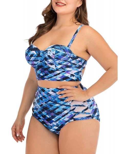 One-Pieces Women's Plus Size Chic Two Pieces/One Piece Swimsuit Cute Modest Bathing Suit - Blue Metallic - C719468QLE0