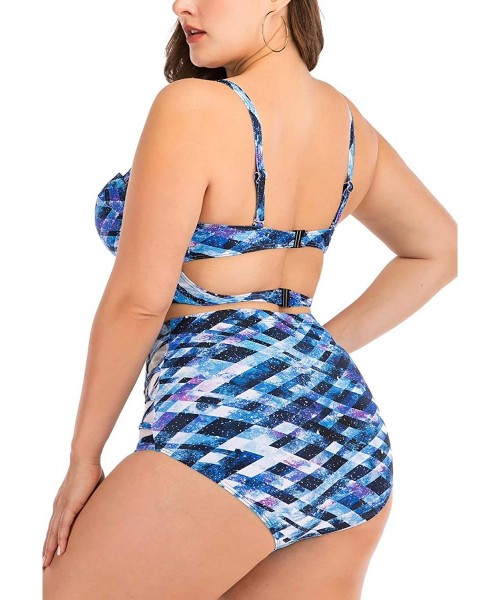 One-Pieces Women's Plus Size Chic Two Pieces/One Piece Swimsuit Cute Modest Bathing Suit - Blue Metallic - C719468QLE0