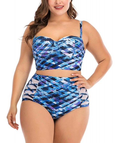 One-Pieces Women's Plus Size Chic Two Pieces/One Piece Swimsuit Cute Modest Bathing Suit - Blue Metallic - C719468QLE0