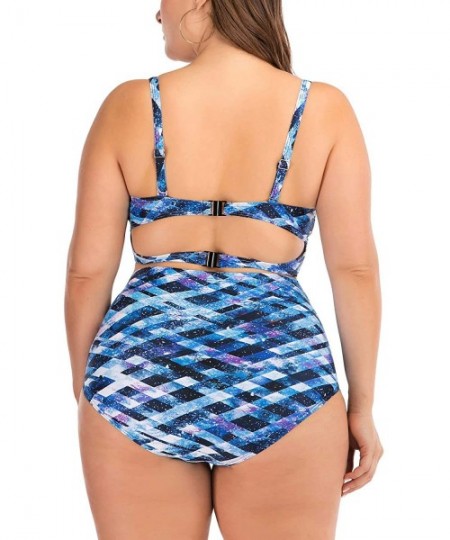 One-Pieces Women's Plus Size Chic Two Pieces/One Piece Swimsuit Cute Modest Bathing Suit - Blue Metallic - C719468QLE0