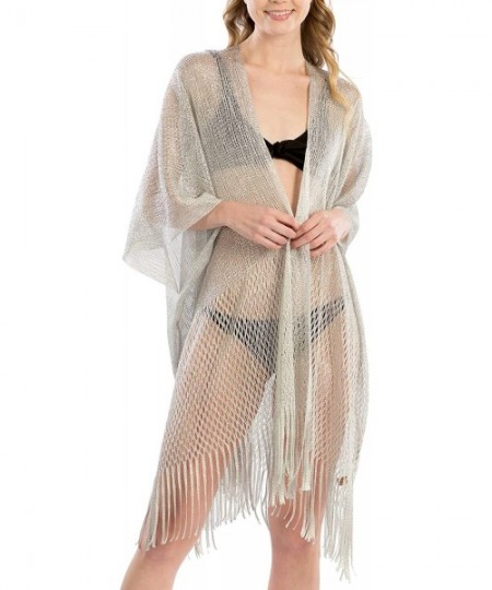 Cover-Ups Women's Metallic Net Swimsuits Bikini Beach Swimwear Cover Up Kimono Cardigan Long & Short with Fringes - Metallic ...