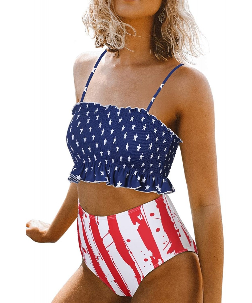 Sets Womens 2 Pieces Bandeau Bikini Swimsuits Off Shoulder High Waist Bathing Suit - Usa Flag - CB18SQO7E4I