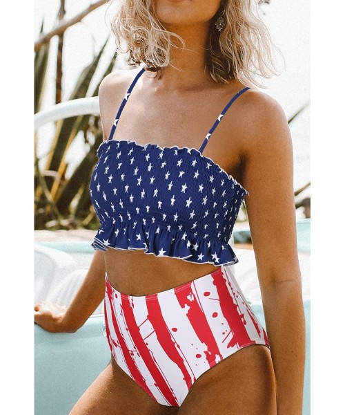 Sets Womens 2 Pieces Bandeau Bikini Swimsuits Off Shoulder High Waist Bathing Suit - Usa Flag - CB18SQO7E4I