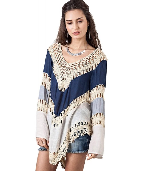 Cover-Ups Women's V-Neck Sexy Tassel Blouse Swimwear Crochet Top Stylish Beach Cover up (Blue- M) - CP18CTHE4NM